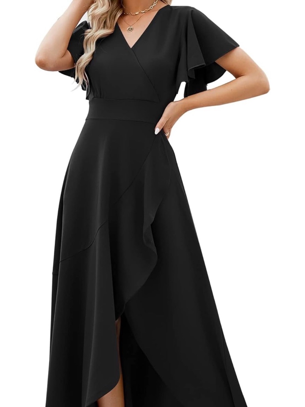 Black V-Neck High-Low Ruffle Maxi Dress
